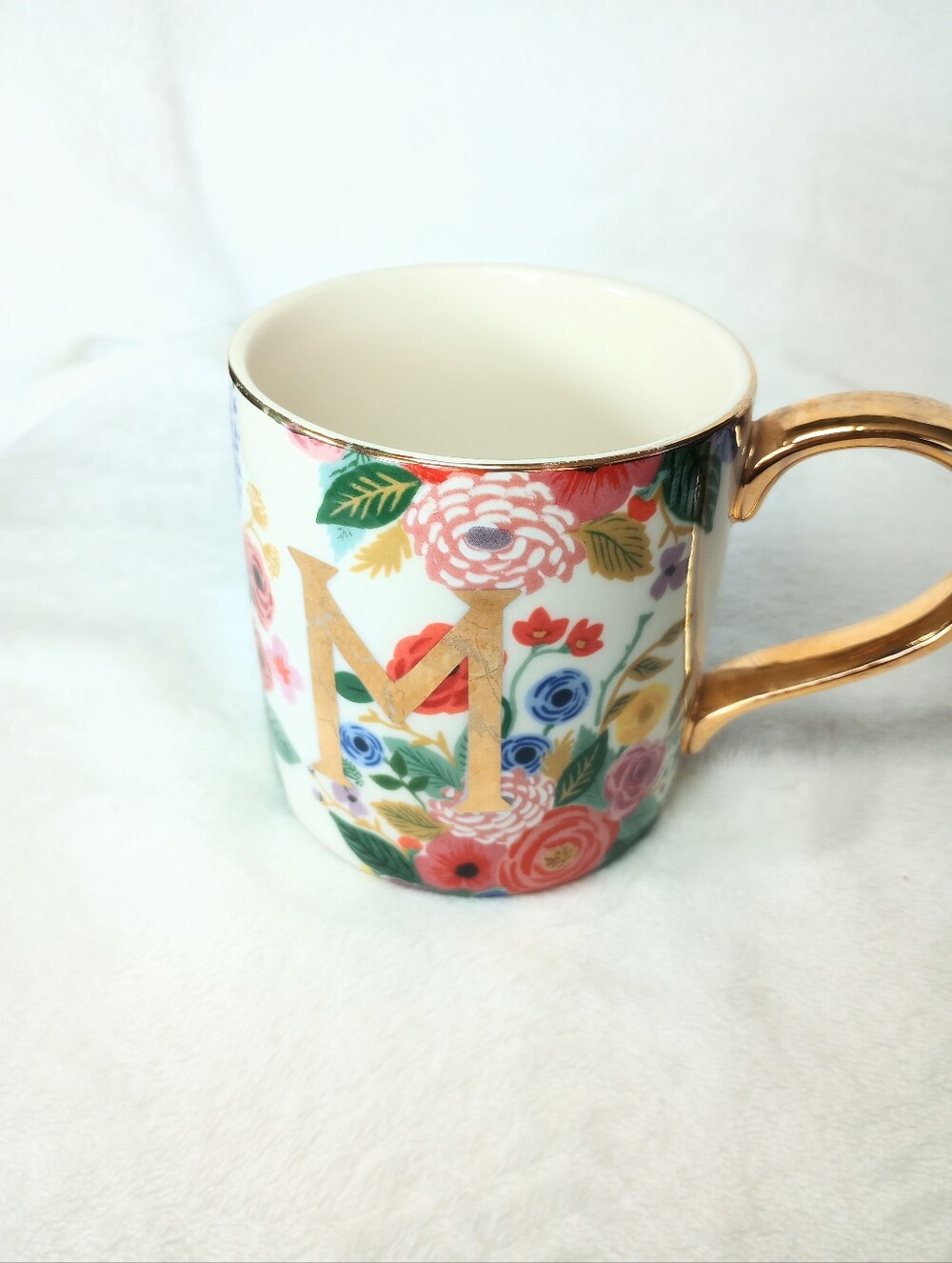 Anthropologie Garden Party Rifle Paper Co Floral Gold Mug Initial M Discontinued